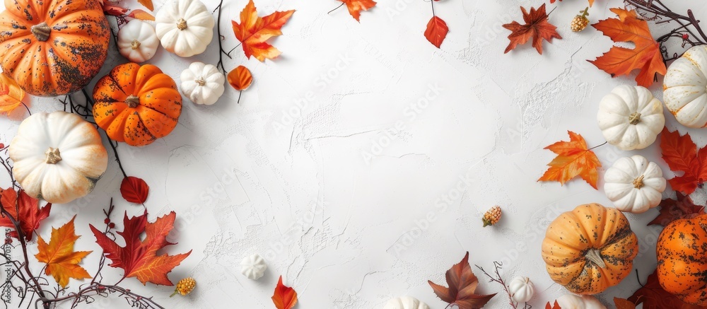 Poster top view of autumn-themed decorative pumpkins and fall leaves on a white table, creating a festive b