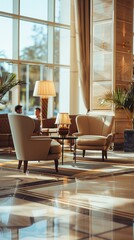 Fototapeta premium Luxurious hotel lobby with comfortable armchairs and a coffee table. AI.