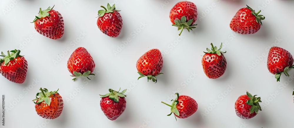 Poster Overhead shot of strawberries on a white background with empty copy space image.