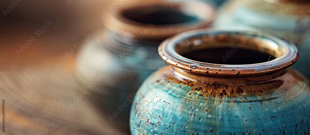 Poster handmade ceramic in traditional style pictured up close with soft focus, ideal for copy space image.