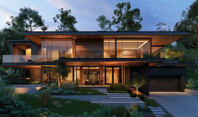 Obraz premium 3D rendering of a modern house on a hill with wood and glass details in evening lighting