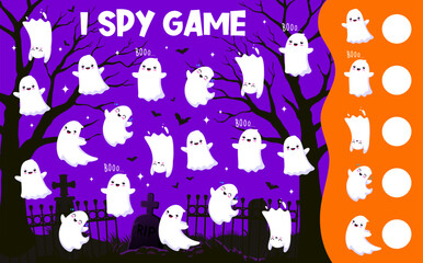 Cute Halloween kawaii ghosts on I spy game worksheet, vector kids puzzle quiz. Funny ghost monsters and little boo flying on cemetery with tombstone and graves for I spy or find and match game