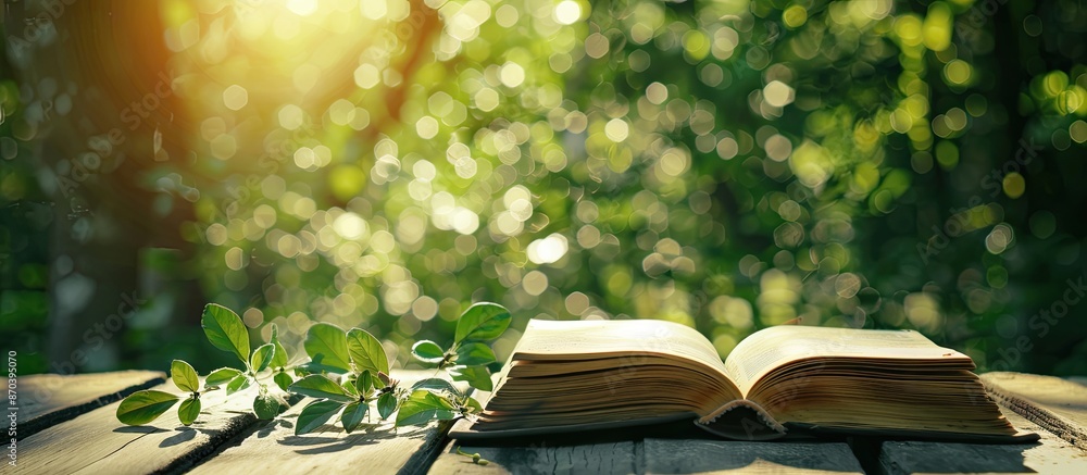 Leinwandbilder educational theme with vintage books on wooden table against green nature backdrop, featuring an ope