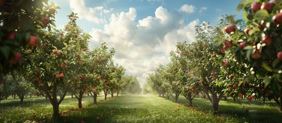 Orchard with apple trees, copy space image available.