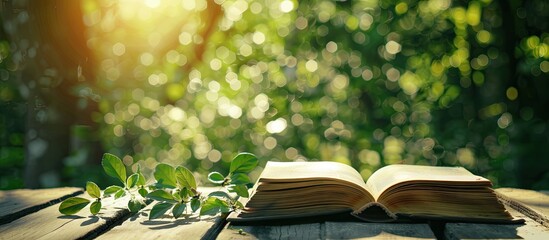 Educational theme with vintage books on wooden table against green nature backdrop, featuring an open book with ample copy space image. Emphasizing back to school and research concepts.