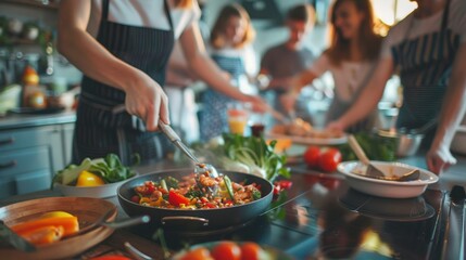 Leisure activities, friends cooking together, kitchen, preparing meal, teamwork, and fun