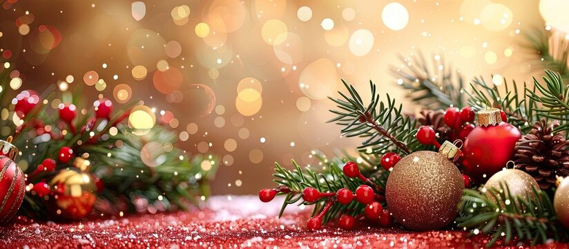 Festive Christmas greeting card featuring fir branches, decorations, and a glittery background, ideal for adding your personal touch and a message with copy space image.