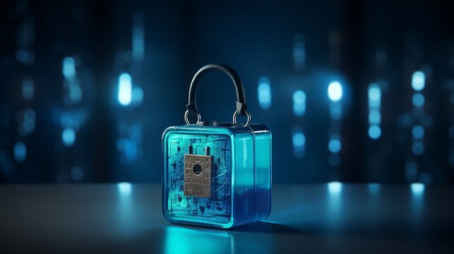 Digital polygonal padlock hologram on blue background with mockupsecurity concept. 3d render.