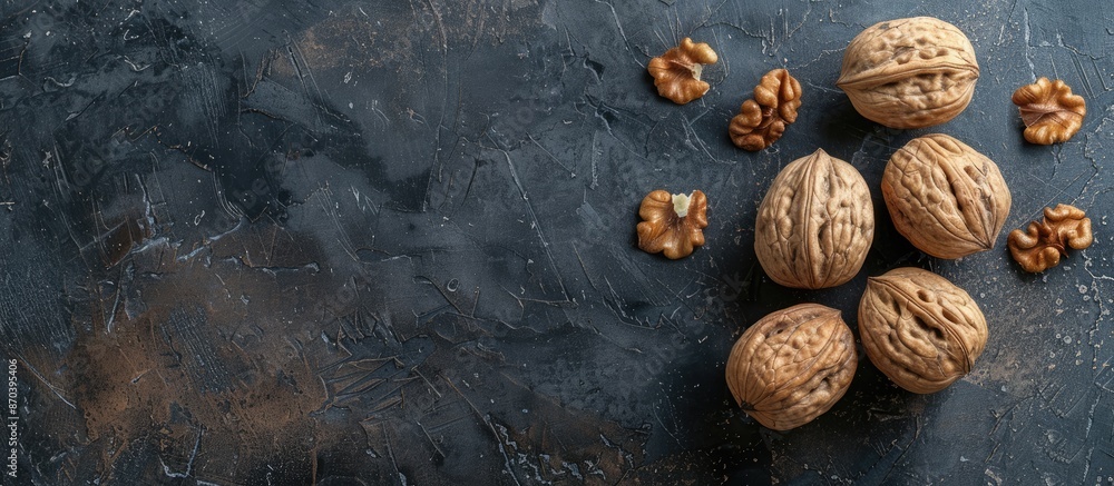 Poster Aerial view of shelled walnuts on a dark concrete surface with a single walnut and ample copy space on a dark backdrop for adding text next to it.