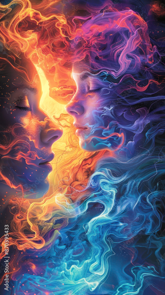 Poster silhouetted faces in dynamic colorful flow design