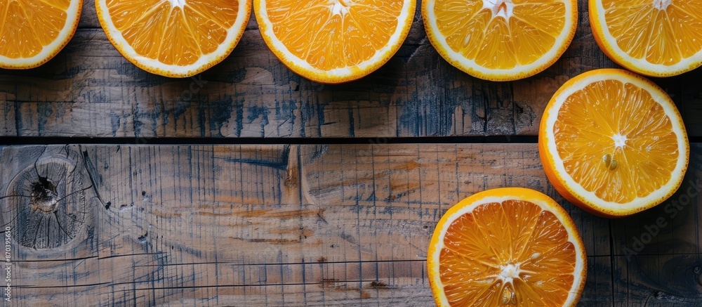 Poster Oranges cut in half displayed on a rustic wooden table with copy space image.