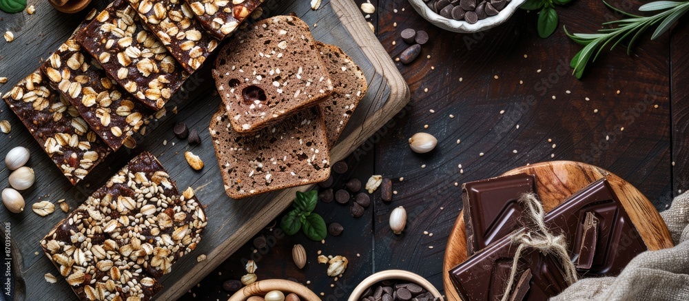 Poster Top-down view of slices of homemade seed bread and a chocolate bar artfully arranged in a traditional Spanish snack display, creating an appealing copy space image.
