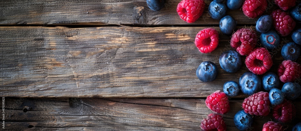 Aufkleber top-down view of raspberries and blueberries on a rustic wooden backdrop, perfect for text placement