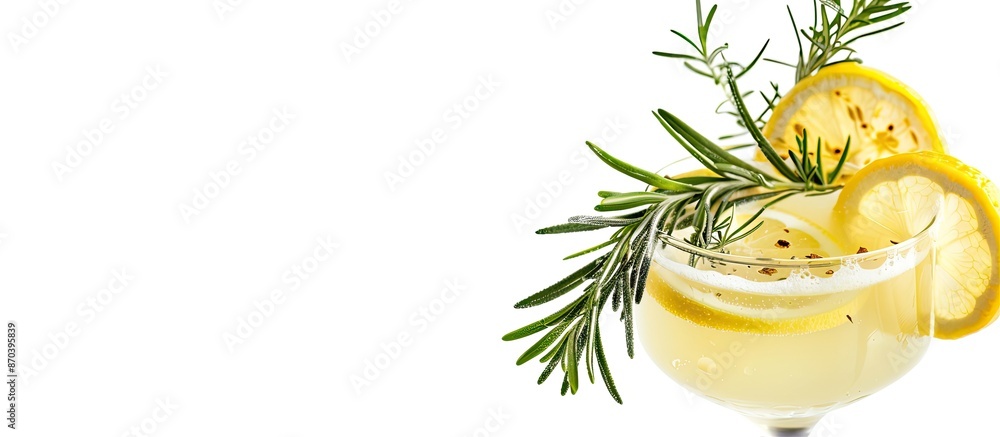 Poster Gin cocktail garnished with lemon slices and juniper sprig on a white background. Ideal for adding your message, with copy space image.
