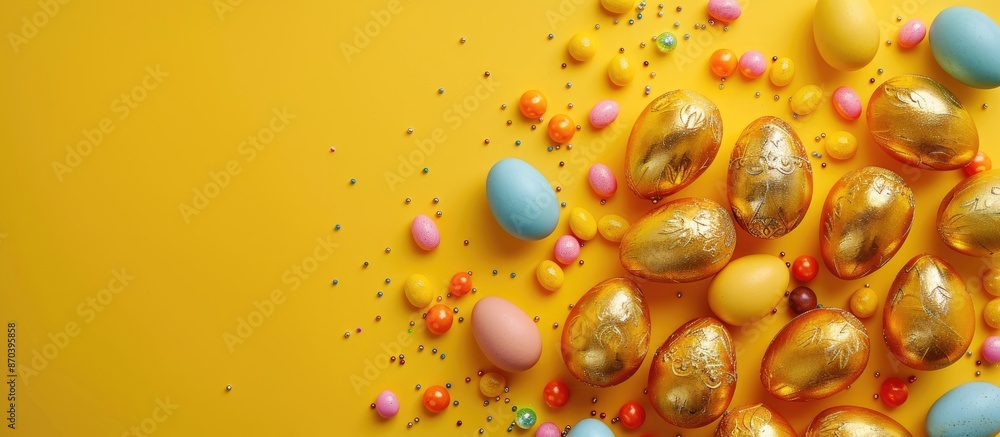 Poster golden eggs and candy on a yellow background for an easter theme with a top view flat lay, offering 