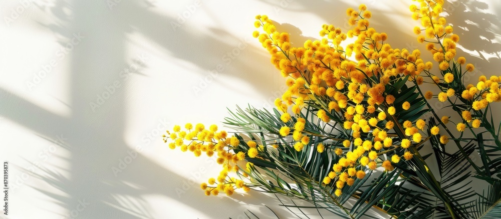Aufkleber Spring table arrangement adorned with vibrant yellow mimosa flowers against a clean backdrop with ample copy space image.