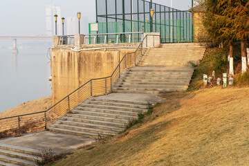Close up and details of railing and stairs of a modern building