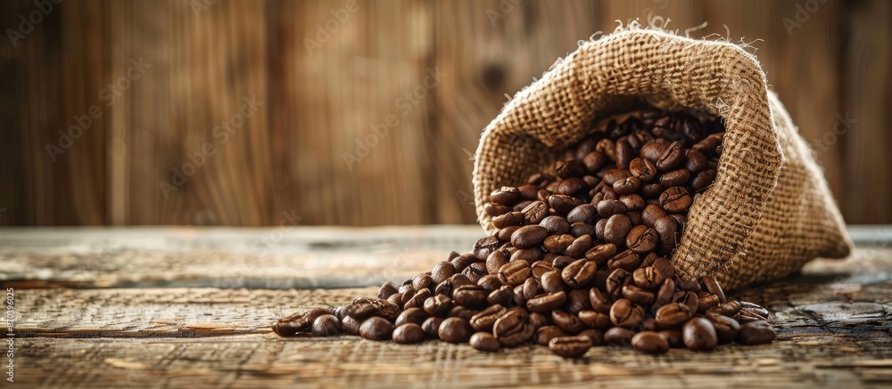 Poster Coffee beans in a burlap bag on a rustic wooden surface with a blank area for text or images in the backdrop. copy space available