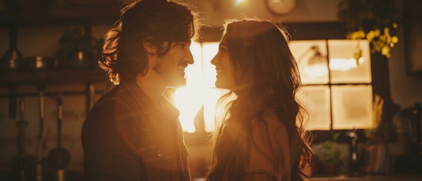 A man and woman are standing close to each other in a kitchen. AI.
