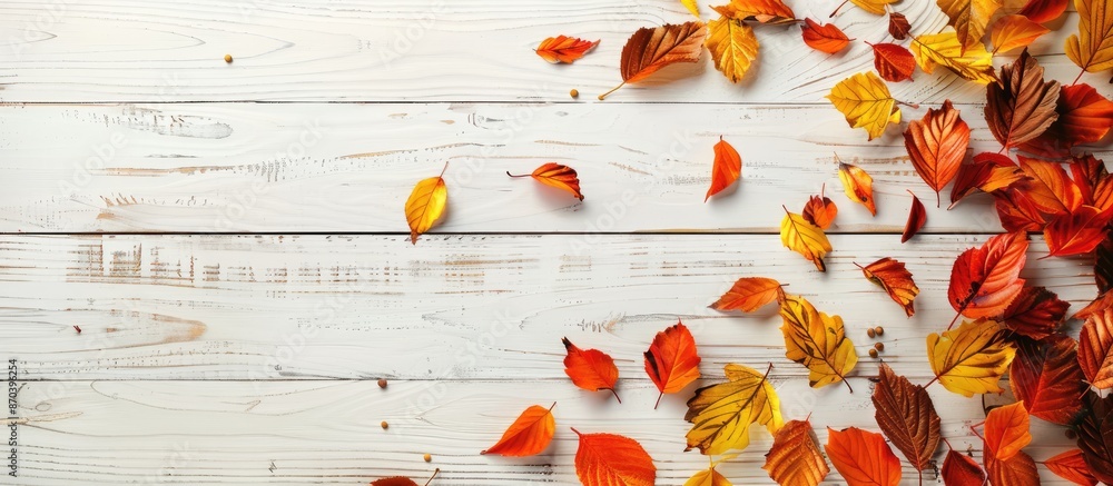 Aufkleber fall foliage on a bright wooden backdrop with copy space image.