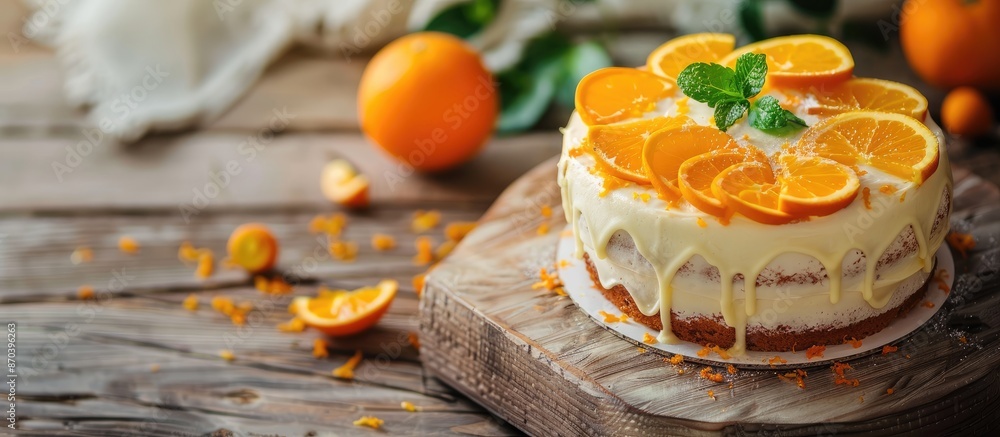 Poster orange cake decorated on a rustic wooden surface with copy space image.