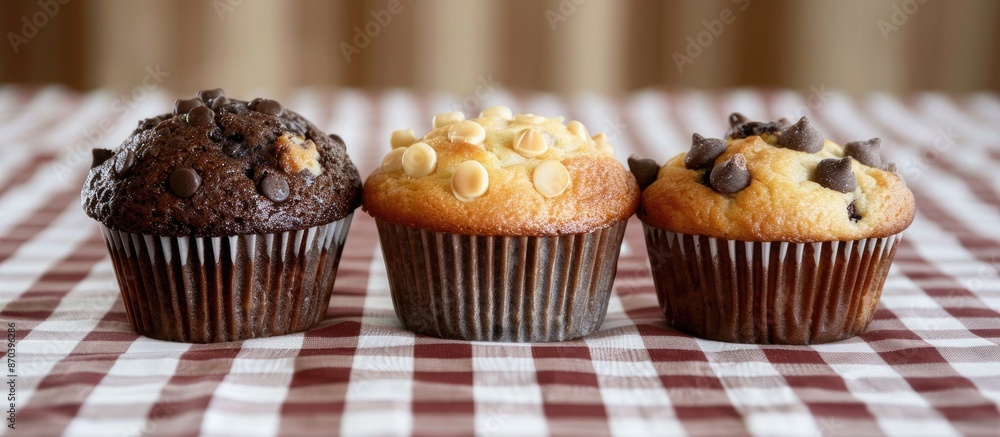 Poster Three muffins displayed on a checkered tablecloth with copy space image.