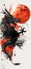 Dragon flying in front of a cresent moon. Ink and watercolor dragon wallpaper