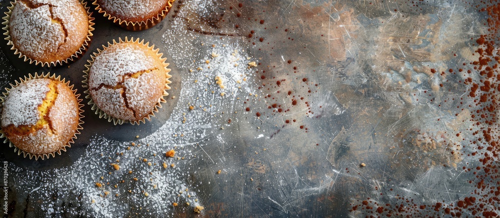 Poster top view of muffins and powdered sugar on an old metal surface with a plain background for copy spac