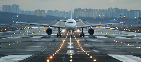 Aircraft prepared for departure on the runway with a blank space for inserting images. copy space available