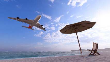 3D rendering. The plane comes in for landing while flying over the beach with an umbrella and a sun lounger.	