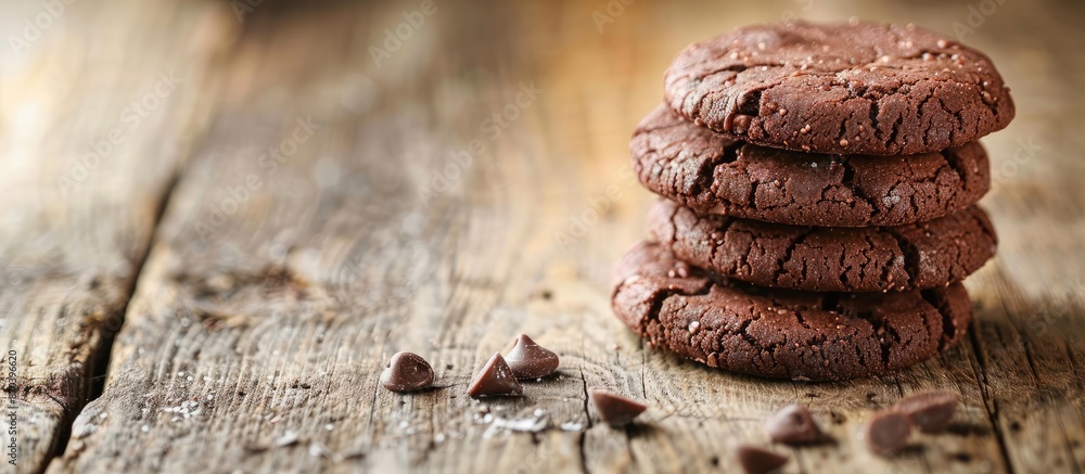 Poster pile of delicious chocolate cookies on a wooden table with copy space image.
