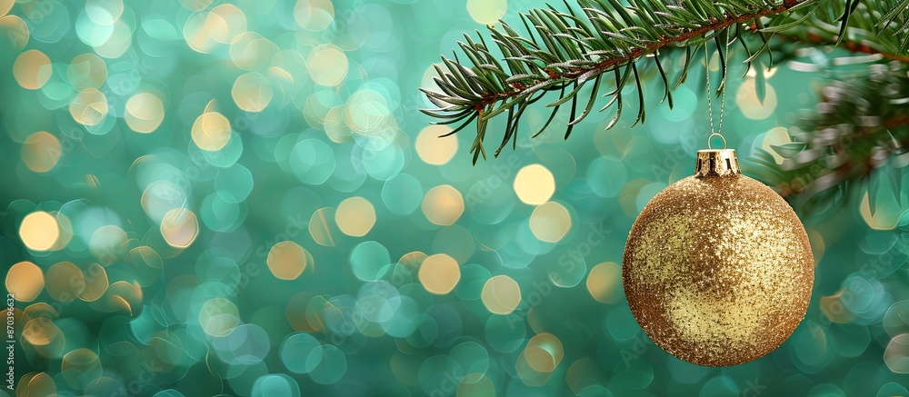 Aufkleber copy space image showing a glistening golden christmas ball hanging from an artificial fir branch ag
