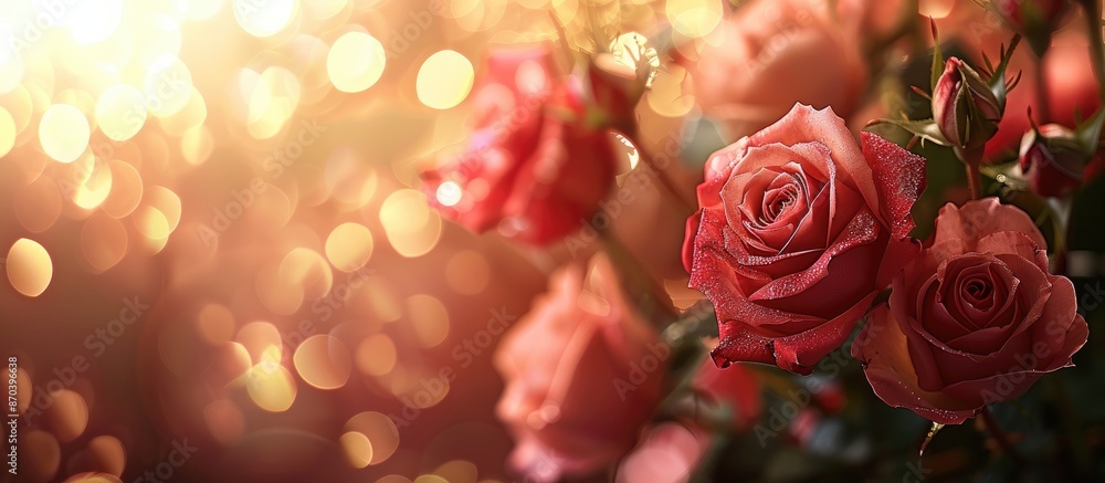 Poster close-up image of gorgeous roses with golden bokeh, ideal for mother's day, featuring copy space ima