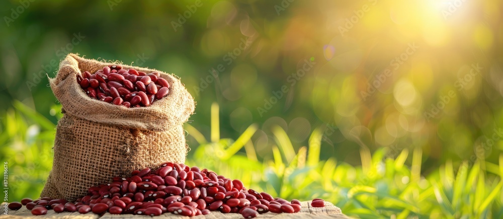 Aufkleber A burlap sack of dry kidney beans displayed on a tabletop against a backdrop of a lush green field in an image with available space for textual content. copy space available