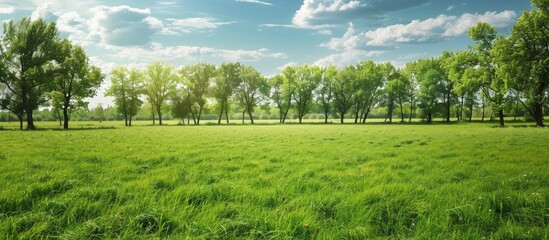 Obraz premium Open green field with deciduous trees and vast copy space image.