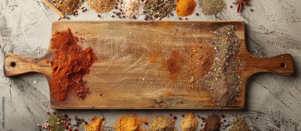 Poster Flat lay image of spices arranged around a wooden cutting board on a textured gray tabletop, with a designated copy space for text.