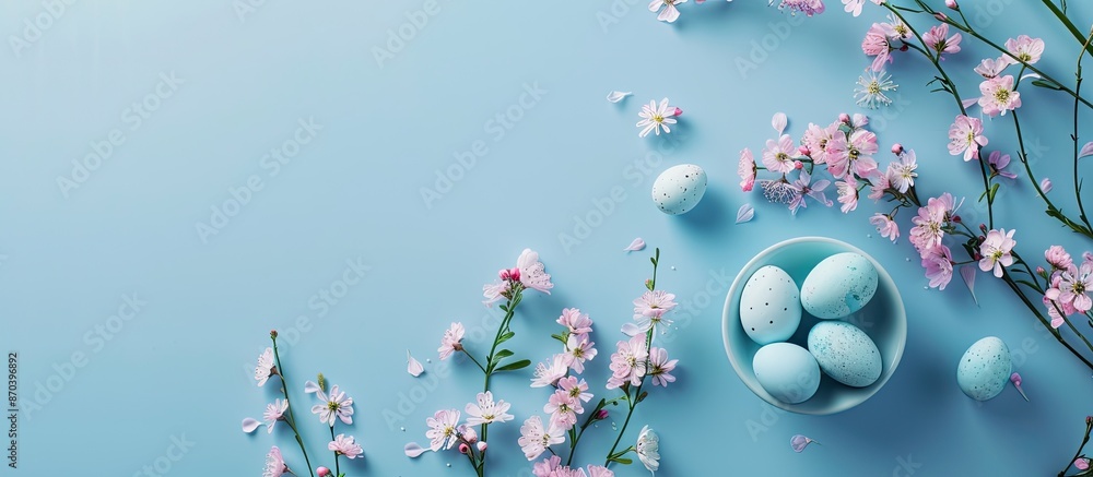 Poster easter holiday decorations arranged on a blue background create an easter-themed scene seen from abo