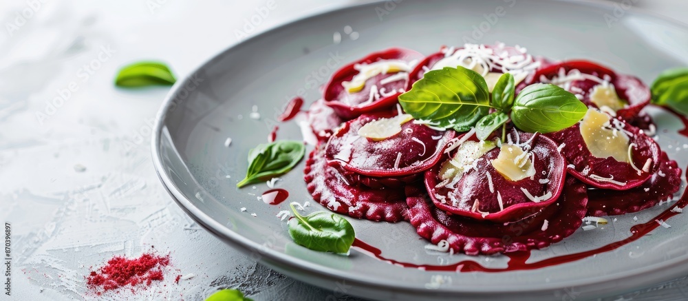 Aufkleber Red beetroot ravioli with cheese presented on a white plate with a plain background for a stunning copy space image.