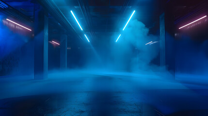 A dark empty street, dark blue background, an empty dark scene, neon light, spotlights The asphalt floor and studio room with smoke float up the interior texture. night view, 