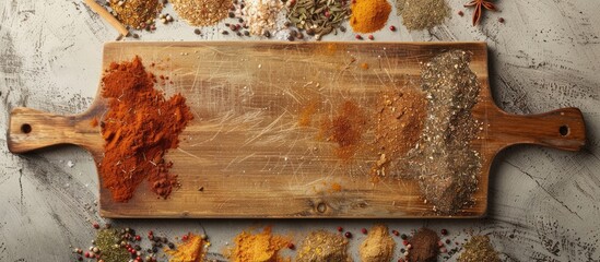 Flat lay image of spices arranged around a wooden cutting board on a textured gray tabletop, with a designated copy space for text.