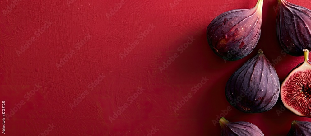 Poster close-up of ripe fresh figs on a reddish brown backdrop with copy space image.