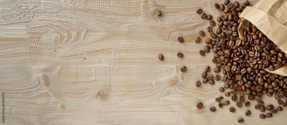 Poster top-down view of coffee beans spilled from a kraft package on a light wooden surface, ideal for copy