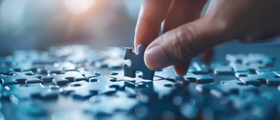 Close-up of a hand placing a puzzle piece, business strategy, solution concept, teamwork