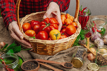 Preserved season vegetable concept. Harvest of tomato, chili, greens, onion and garlic