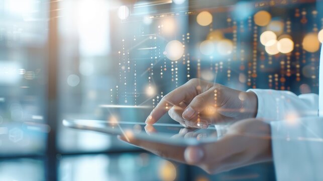 Close-up of a hand using a tablet, business concept, digital technology, modern office