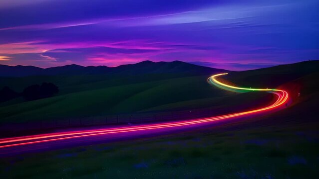 The rolling hills of the countryside painted with a beautiful array of colorful light trails.