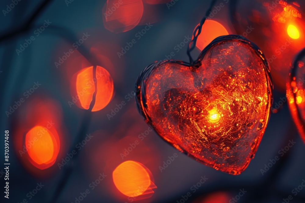 Aufkleber a heart with a light inside of it is hanging from a string. the heart is surrounded by a blurry back