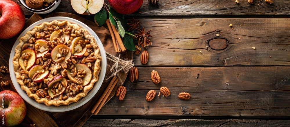 Poster delicious homemade whole wheat pie with apples, cinnamon, and a variety of nuts on a rustic wooden t
