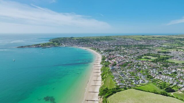 Swanage from Ballard Cliff from a drone, Jurassic Coast, Dorset Coast, Poole, England