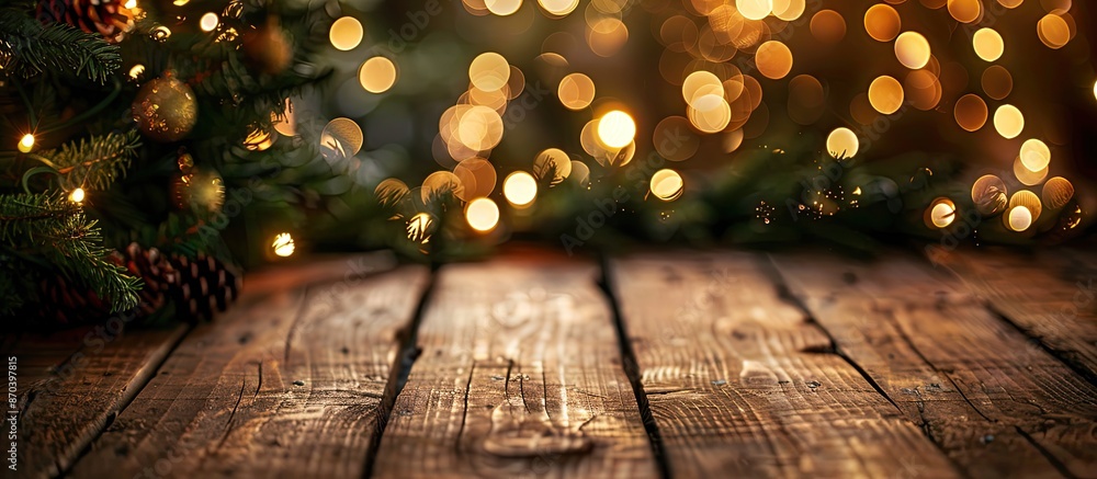 Poster rustic festive background with a dark wooden table, lit christmas tree, and bokeh lights, perfect fo